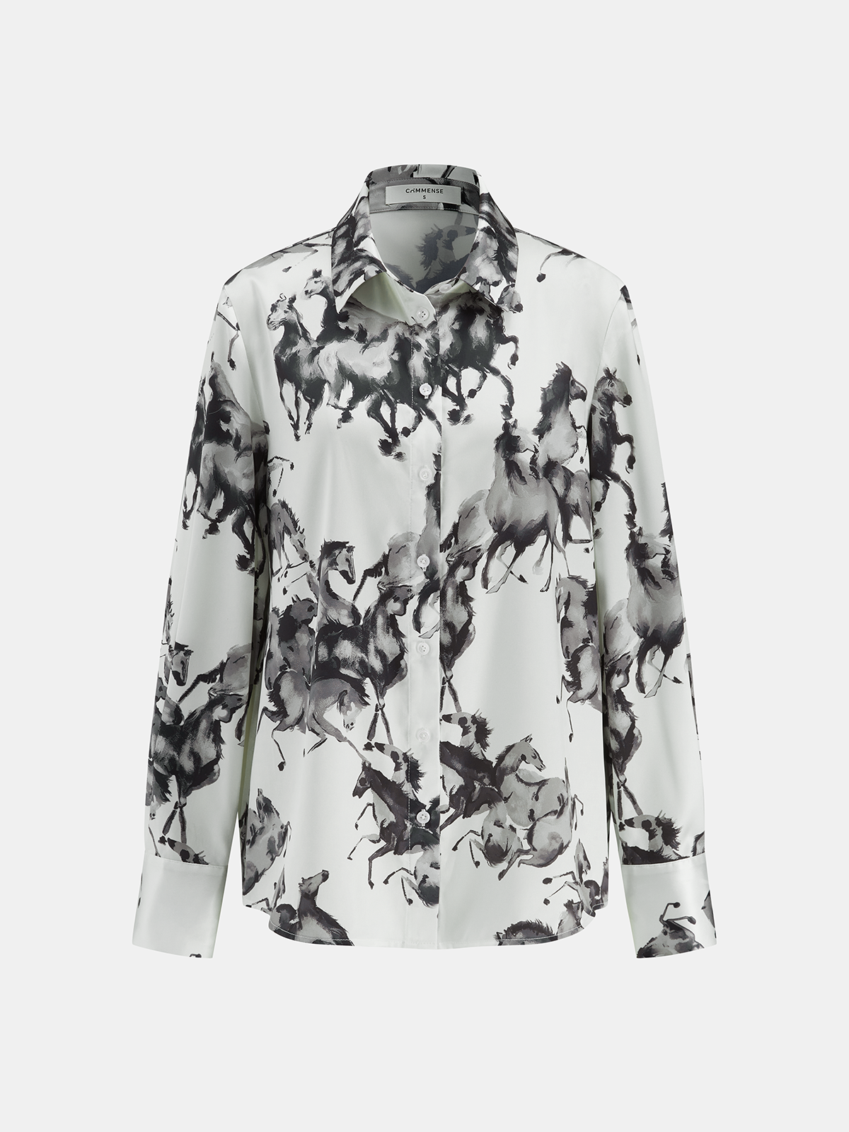 Horse Print Satin Knot-Front Long Sleeve Shirt