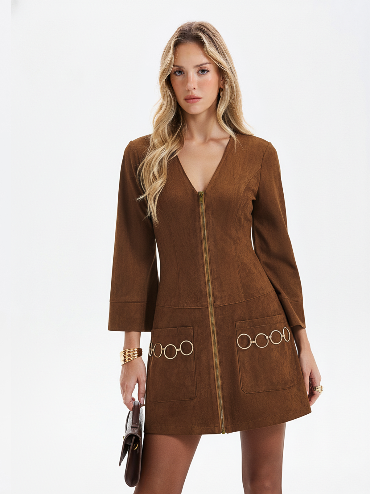 Ring Detail Suede Effect Zip-Front Mini Dress