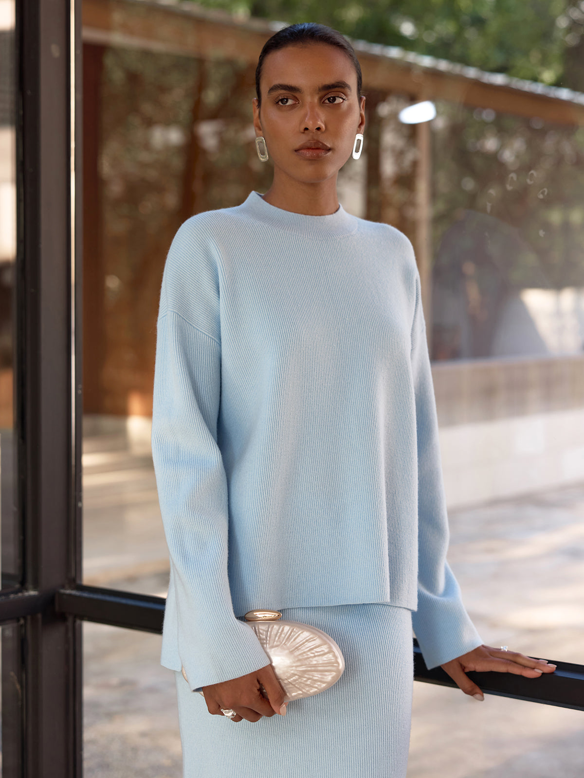 Side-Slit Ribbed Knit Top & Midi Skirt Set