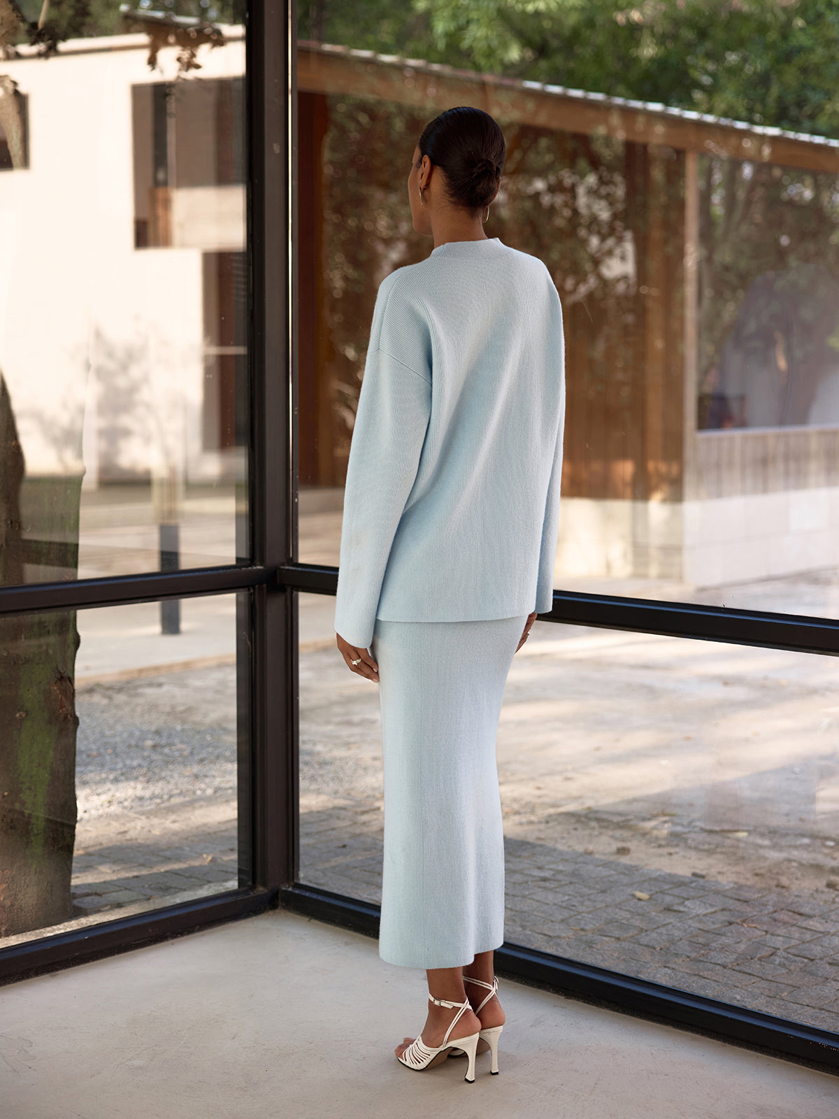 Side-Slit Ribbed Knit Top & Midi Skirt Set