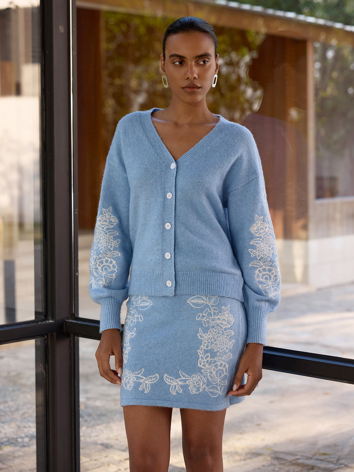 Floral-Embroidered Knit Cardigan & Mini Skirt Set