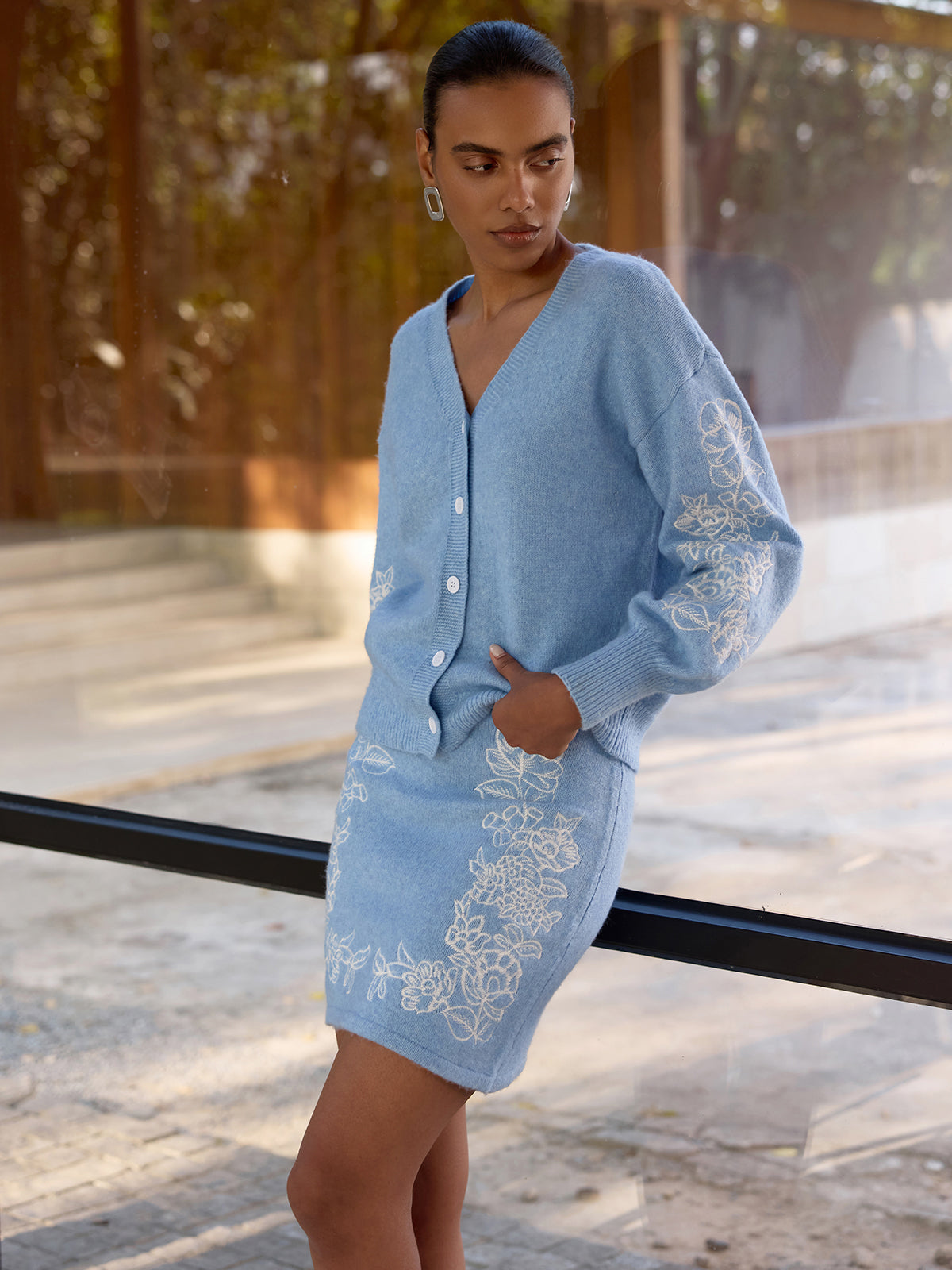 Floral-Embroidered Knit Cardigan & Mini Skirt Set