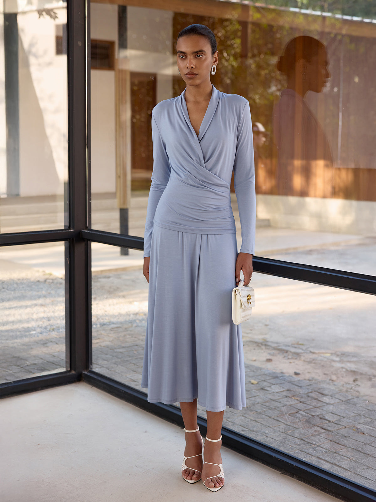 Draped Wrap Top & Midi Skirt Set