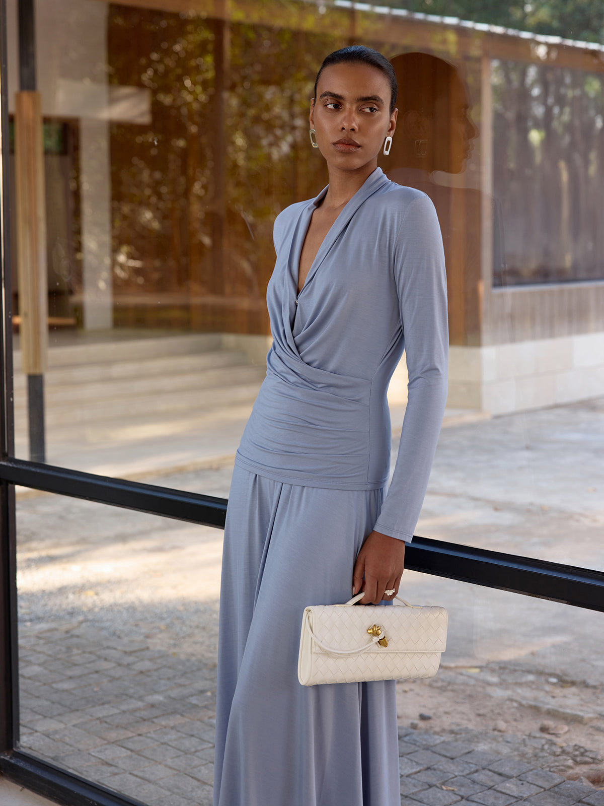 Draped Wrap Top & Midi Skirt Set