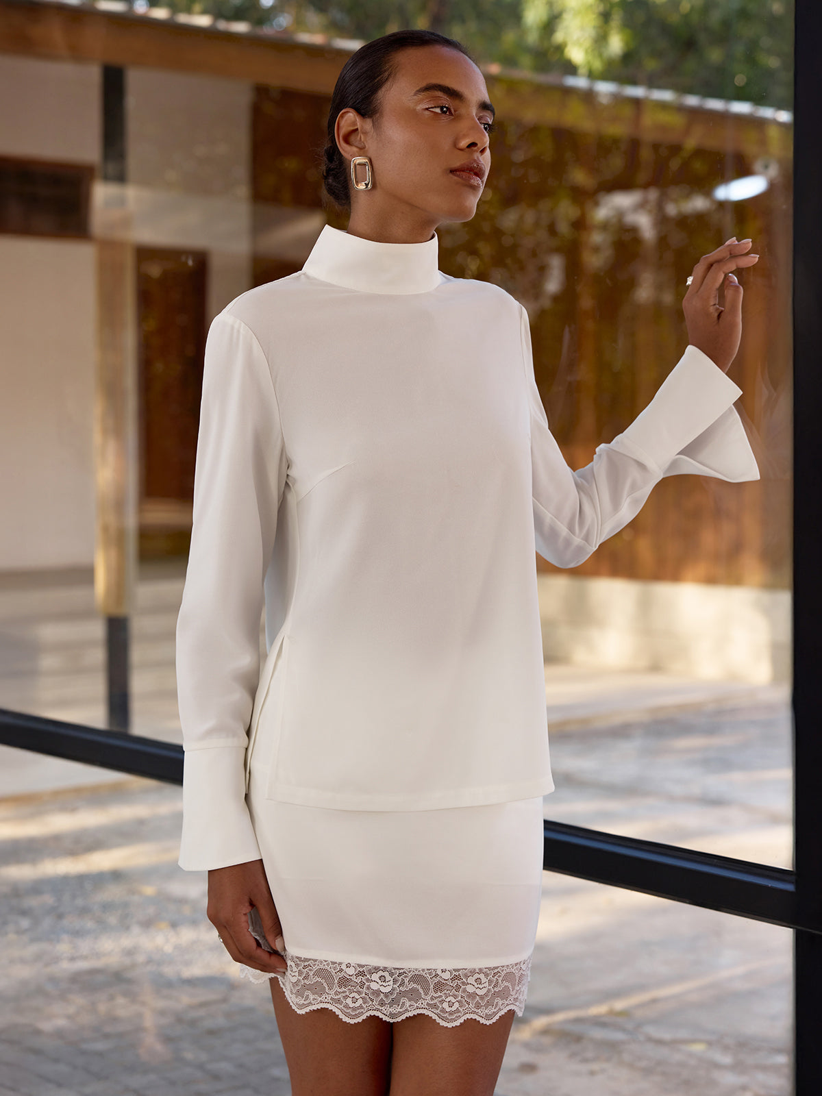 Mock Neck Blouse & Lace Trim Mini Skirt Set