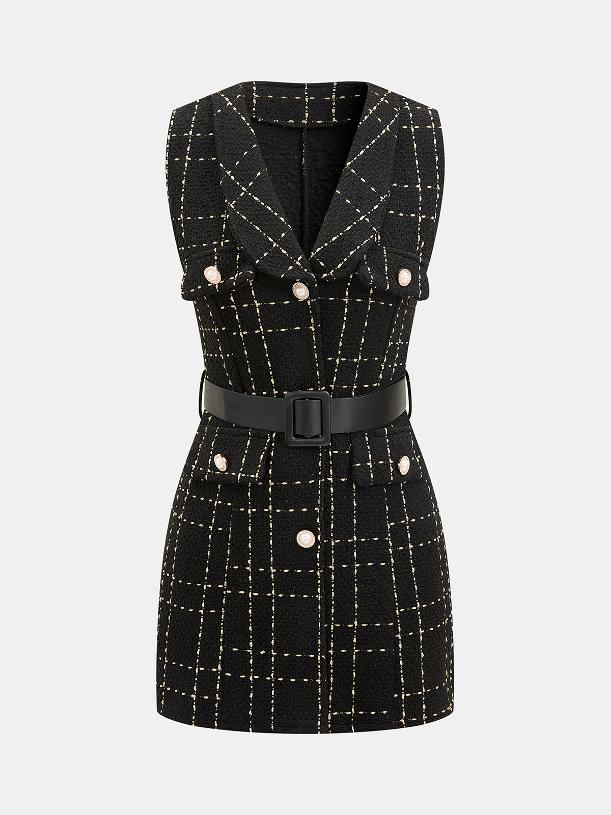 Gürtel Plaid Tweed Ärmelloses Minikleid