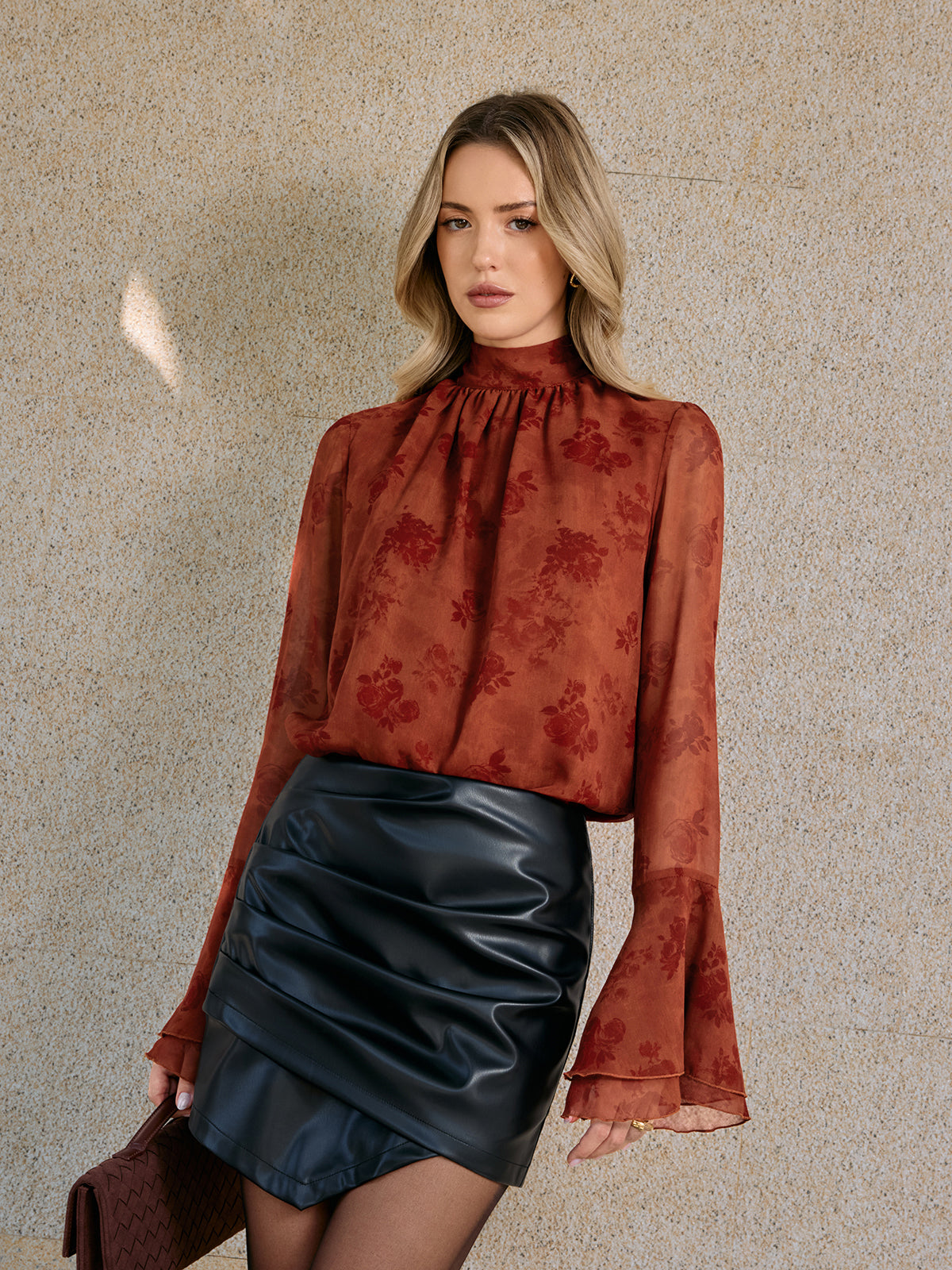 Floral Print Chiffon Bell Sleeve Blouse