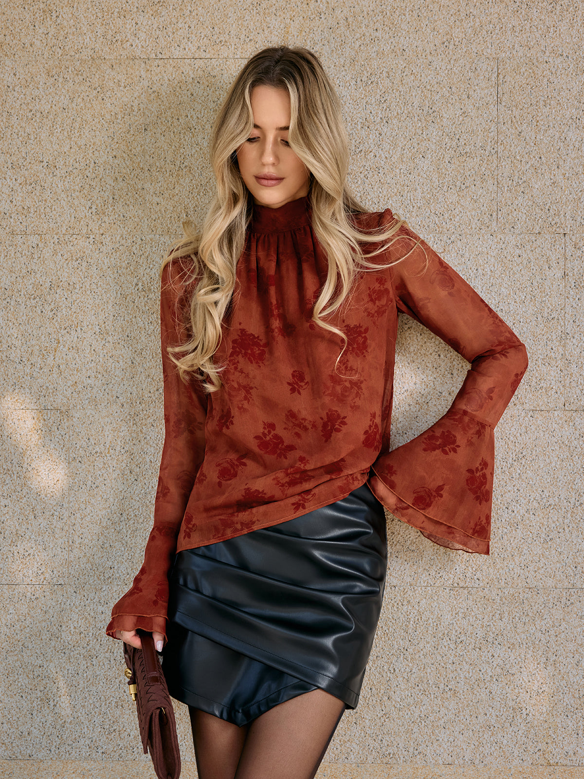 Floral Print Chiffon Bell Sleeve Blouse