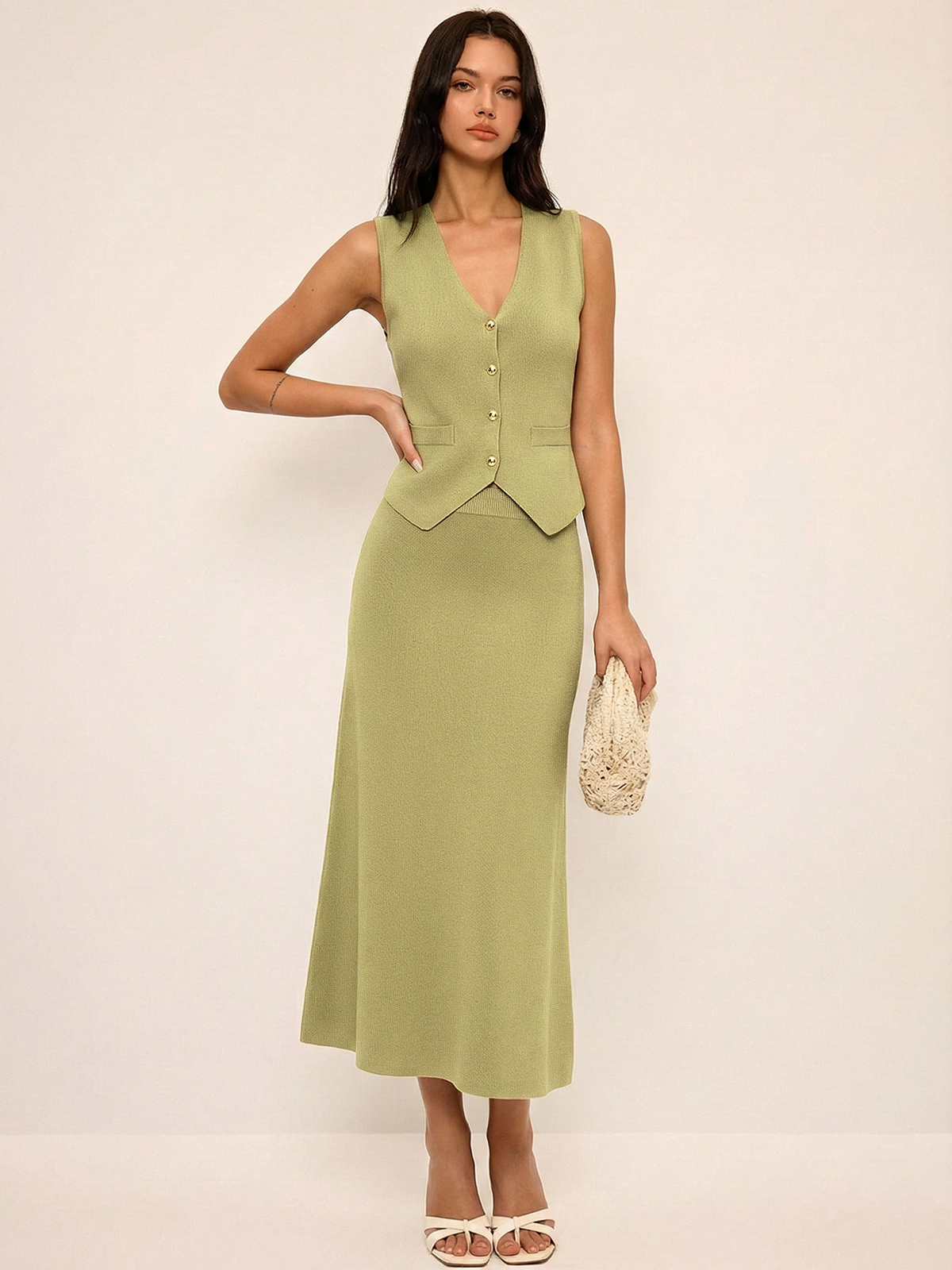 Metal Button Knit Vest & Midi Skirt Set