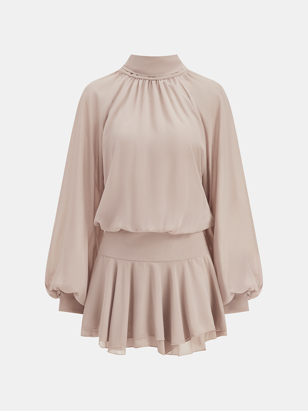 High Neck Ruffled Chiffon Puff Sleeve Mini Dress