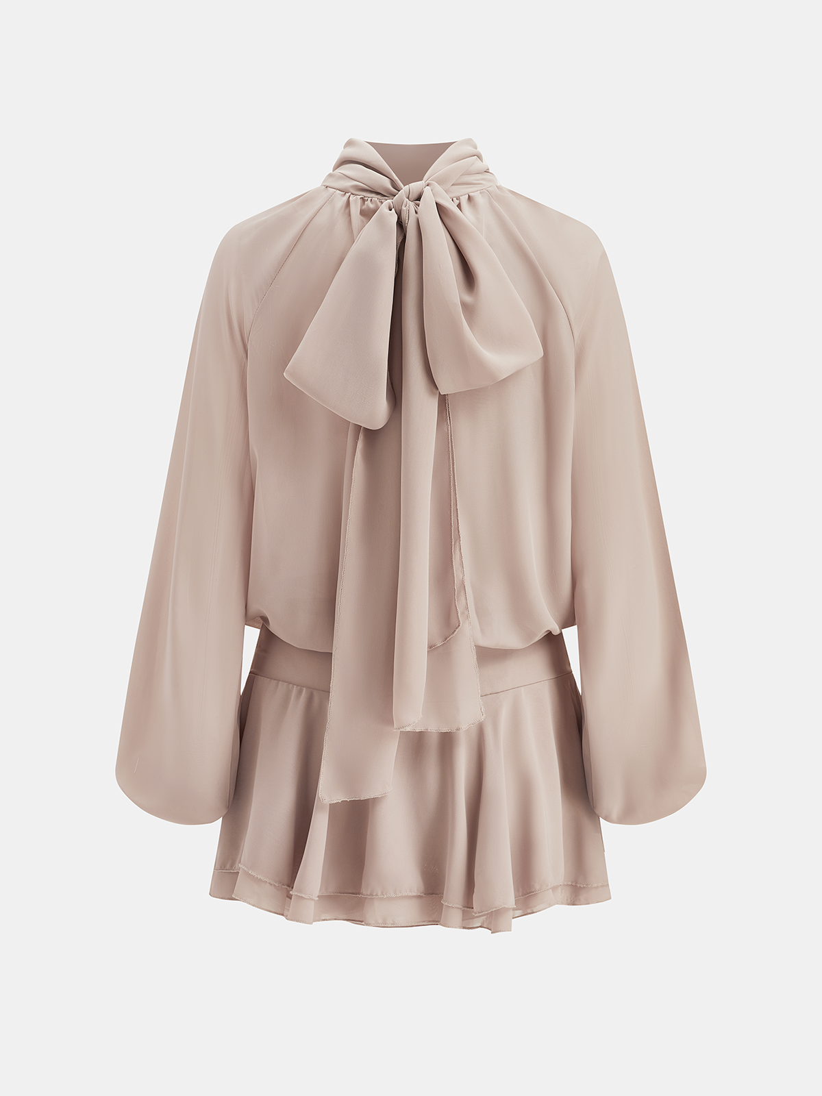 High Neck Ruffled Chiffon Puff Sleeve Mini Dress