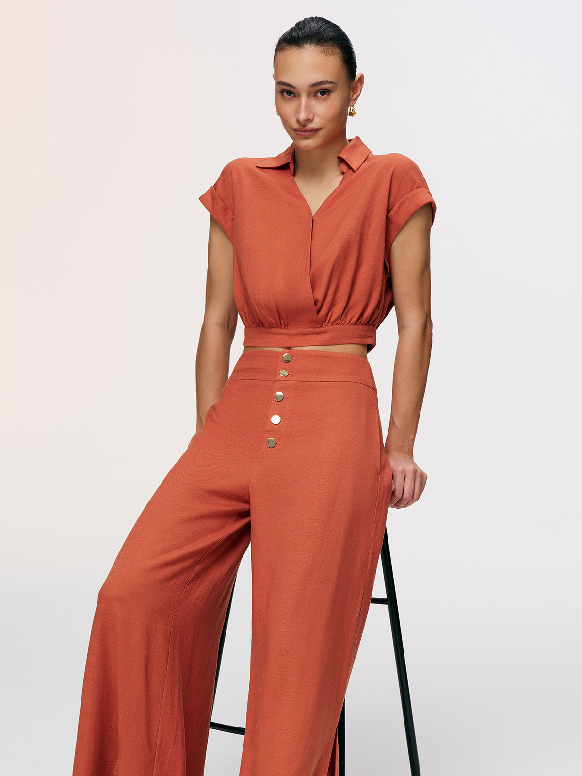 Linen-Blend Crop Shirt & Split Pants Set