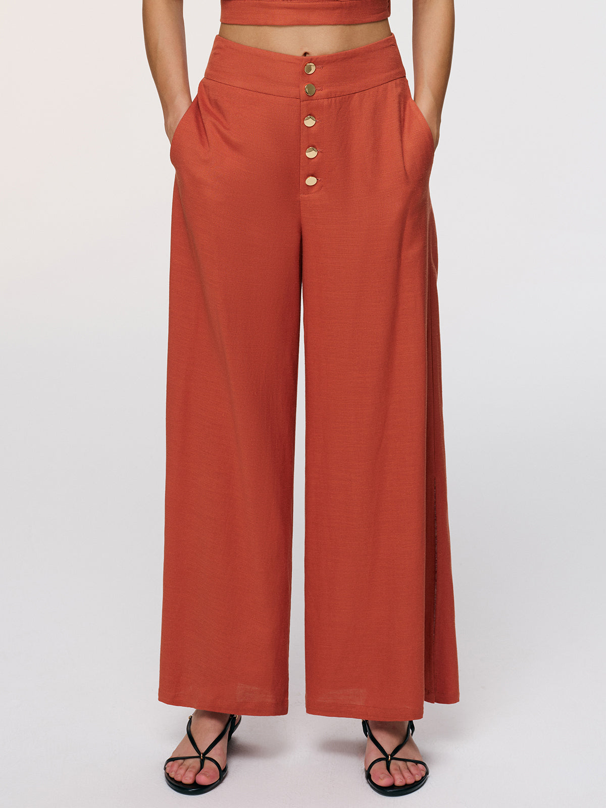 Linen-Blend Crop Shirt & Split Pants Set