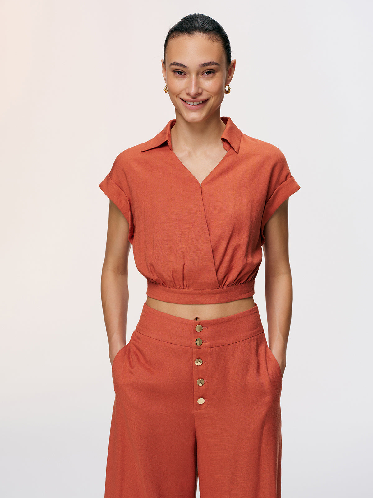 Linen-Blend Crop Shirt & Split Pants Set
