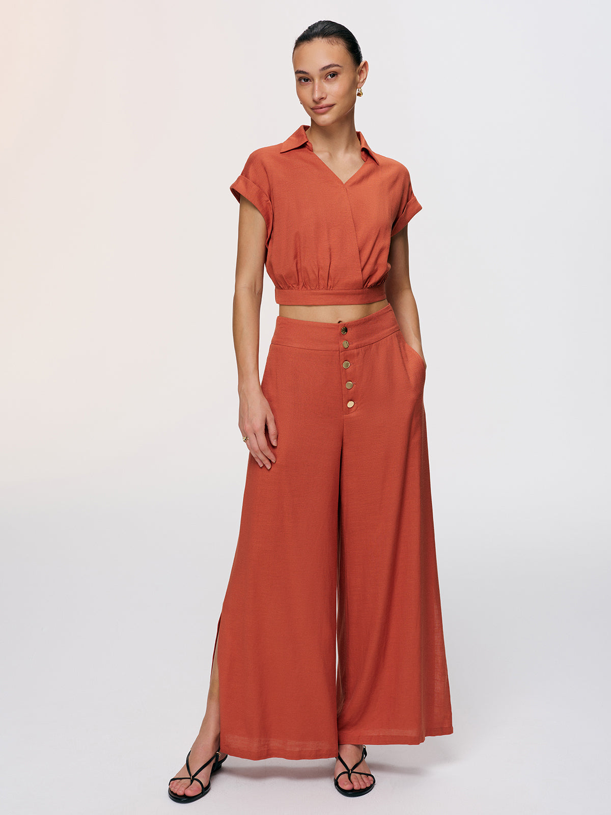 Linen-Blend Crop Shirt & Split Pants Set