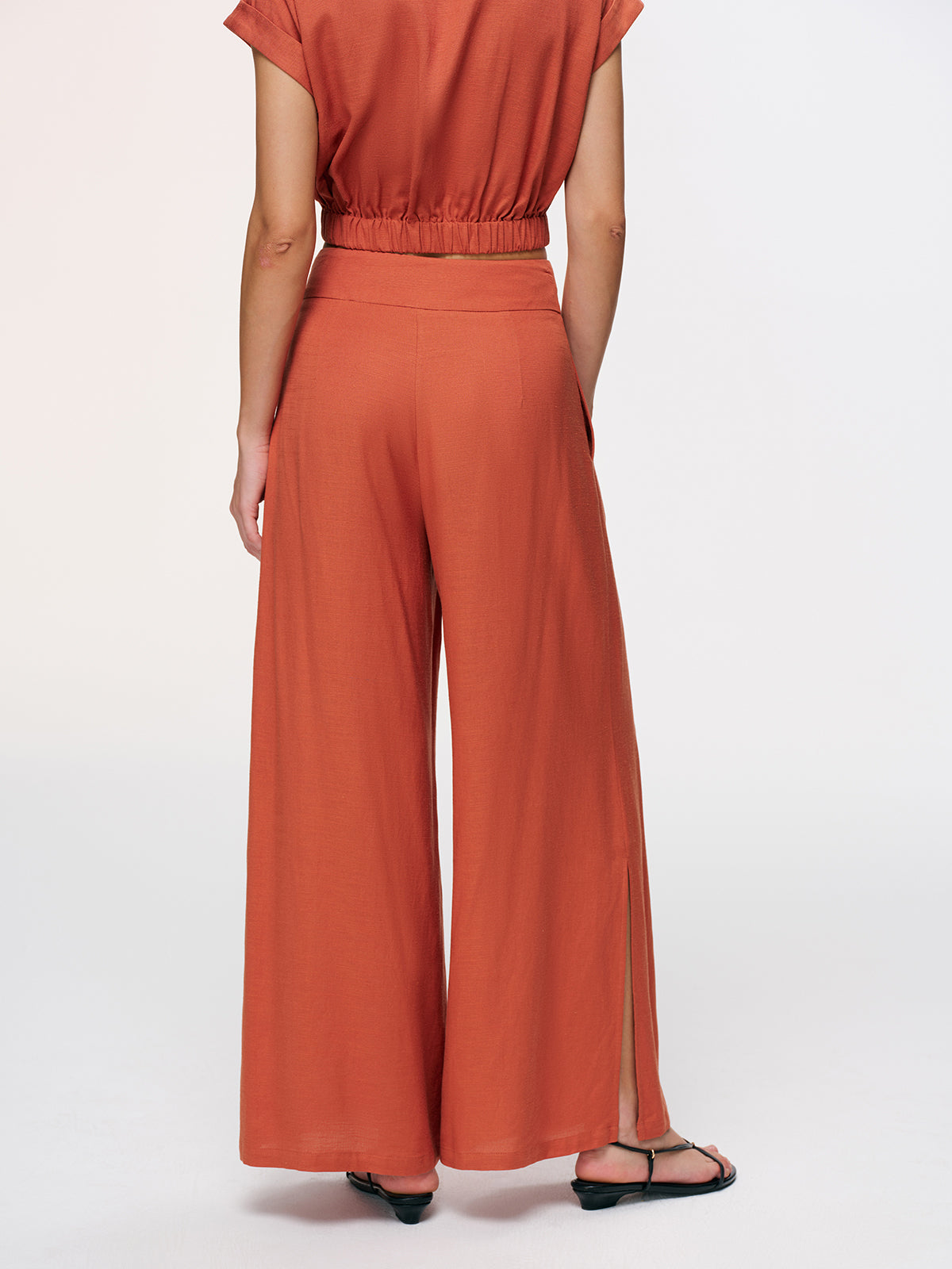 Linen-Blend Crop Shirt & Split Pants Set