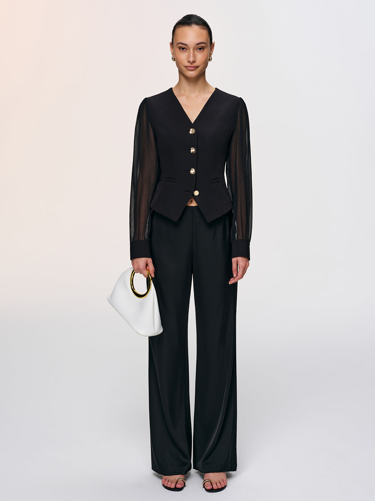 Metal Button Sheer Sleeve V-Neck Blouse