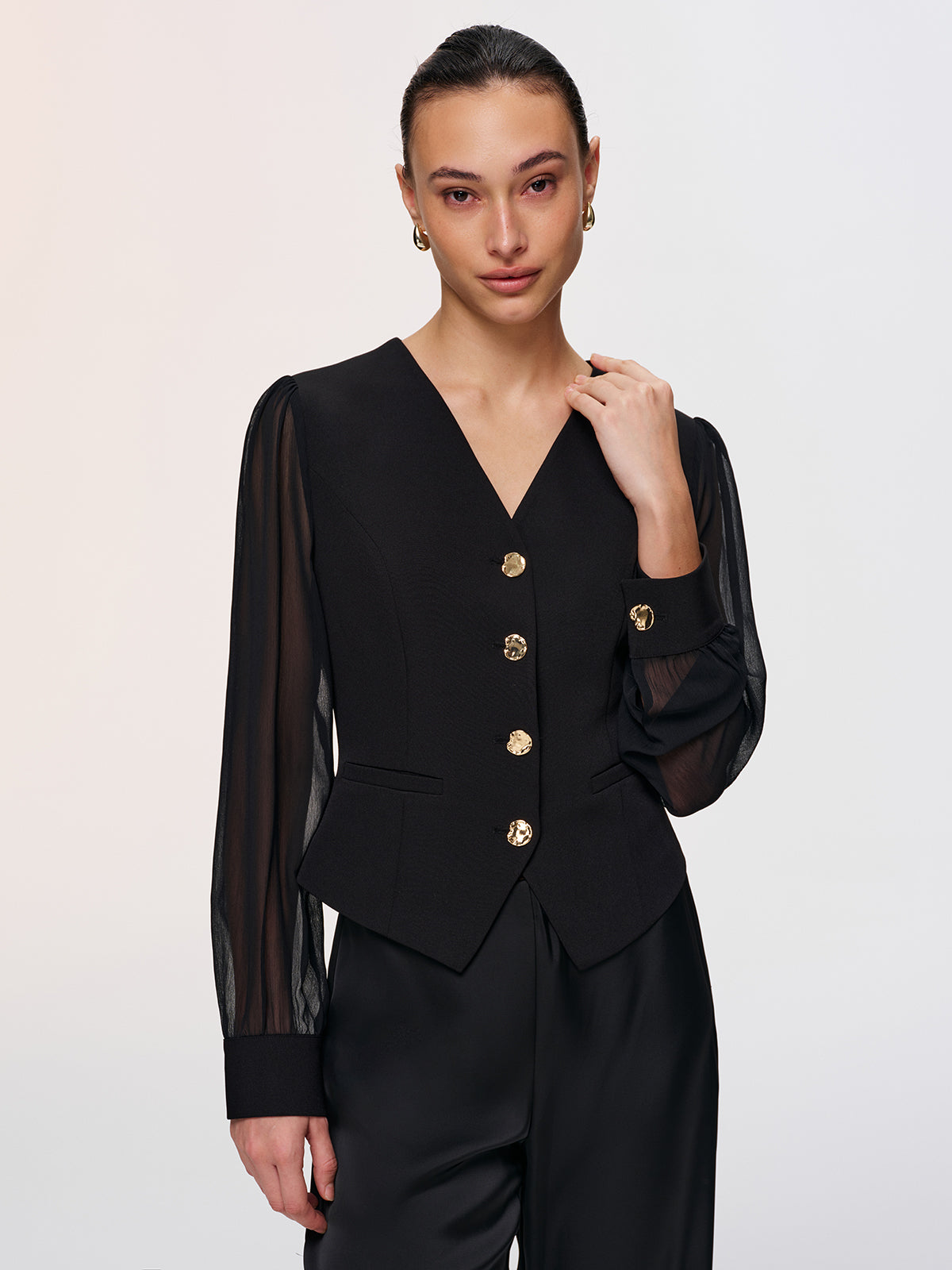 Metal Button Sheer Sleeve V-Neck Blouse