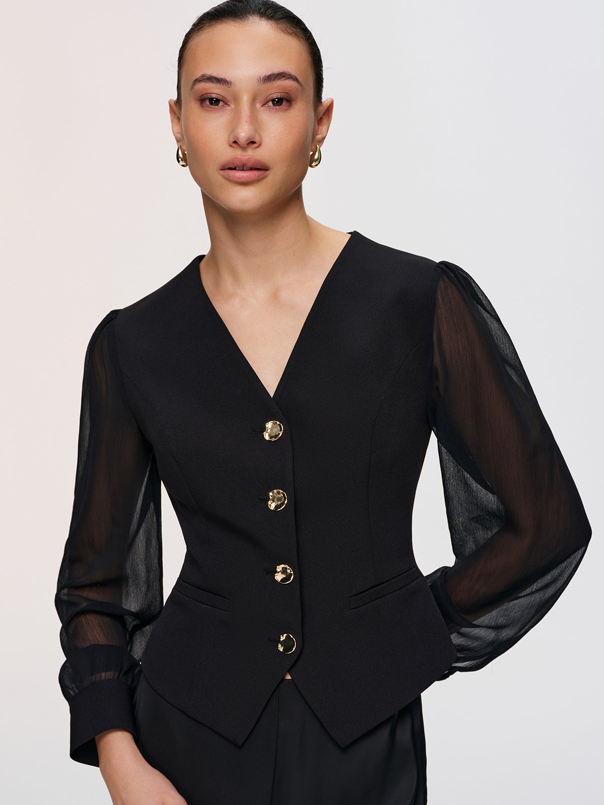 Metal Button Sheer Sleeve V-Neck Blouse