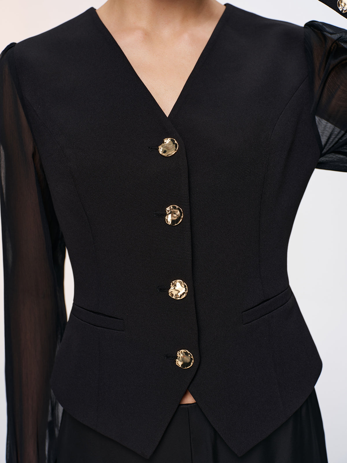 Metal Button Sheer Sleeve V-Neck Blouse