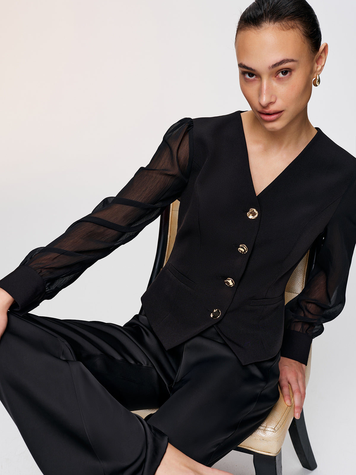 Metal Button Sheer Sleeve V-Neck Blouse
