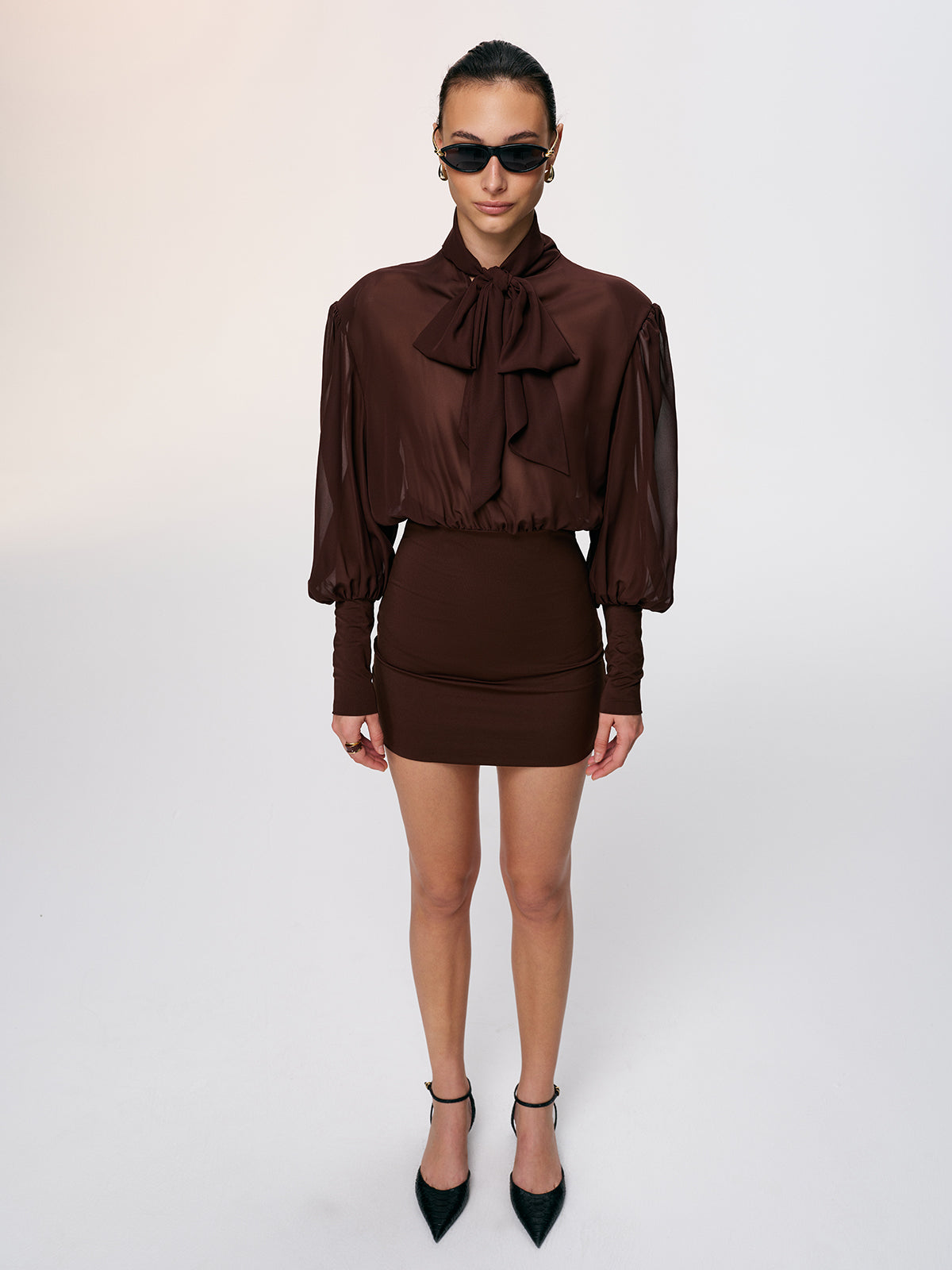 Bow Neck Backless Sheer Chiffon Mini Dress