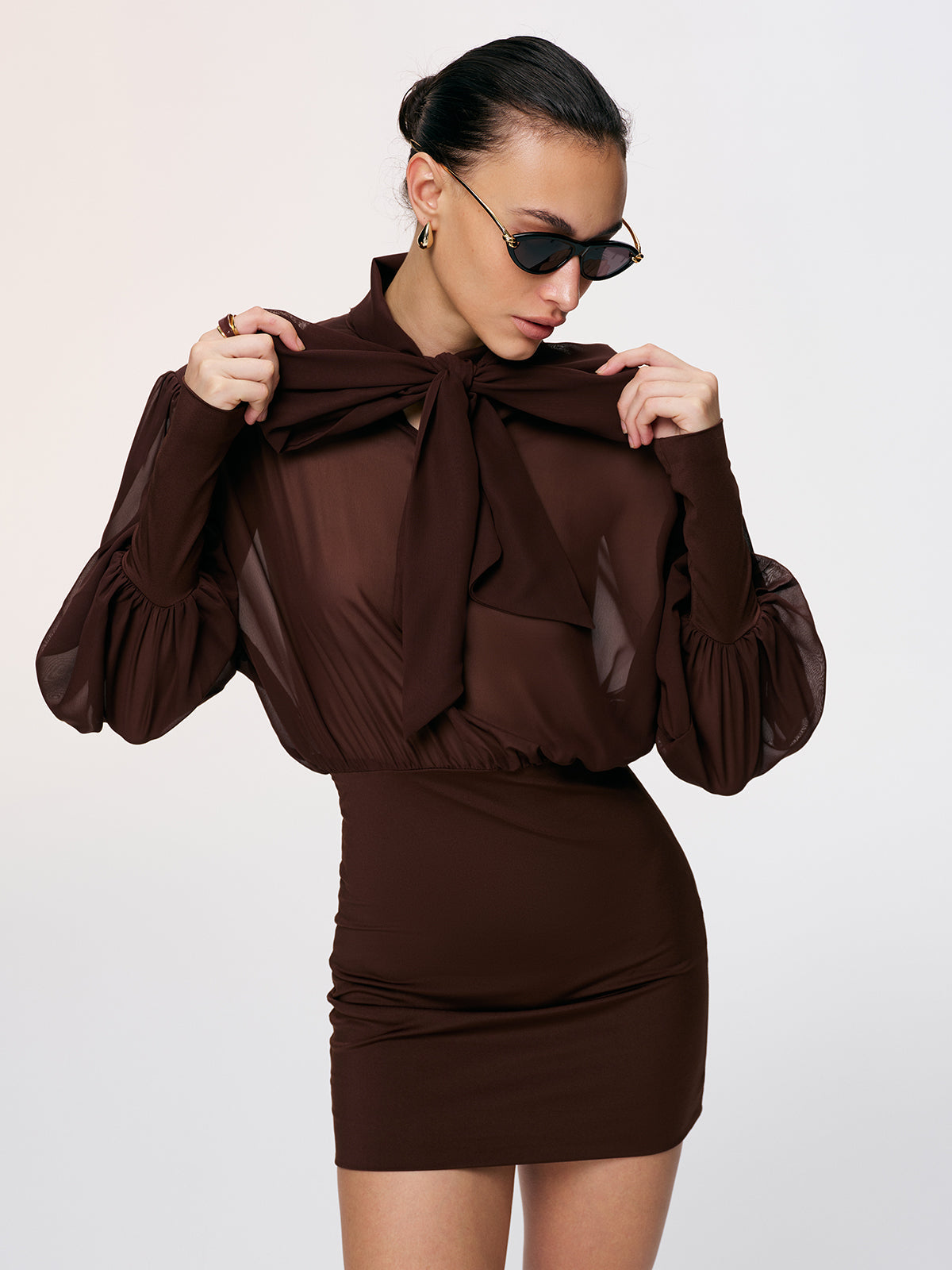 Bow Neck Backless Sheer Chiffon Mini Dress