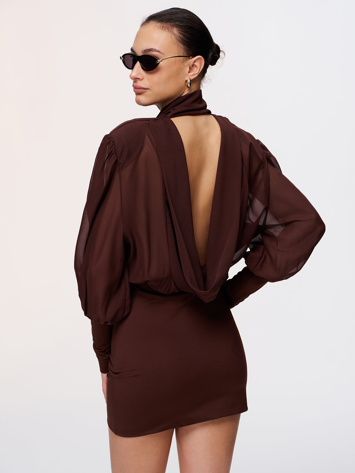 Bow Neck Backless Sheer Chiffon Mini Dress