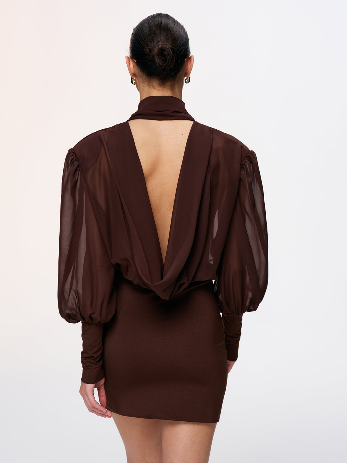 Bow Neck Backless Sheer Chiffon Mini Dress