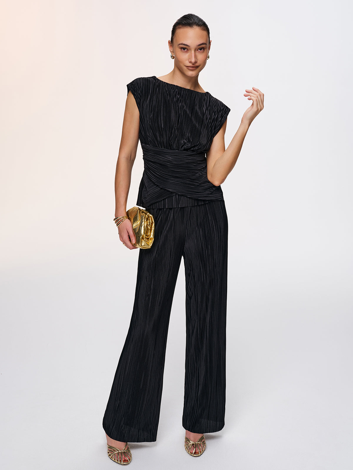 Texture Tie-Back Top & Wide-Leg Pants Set