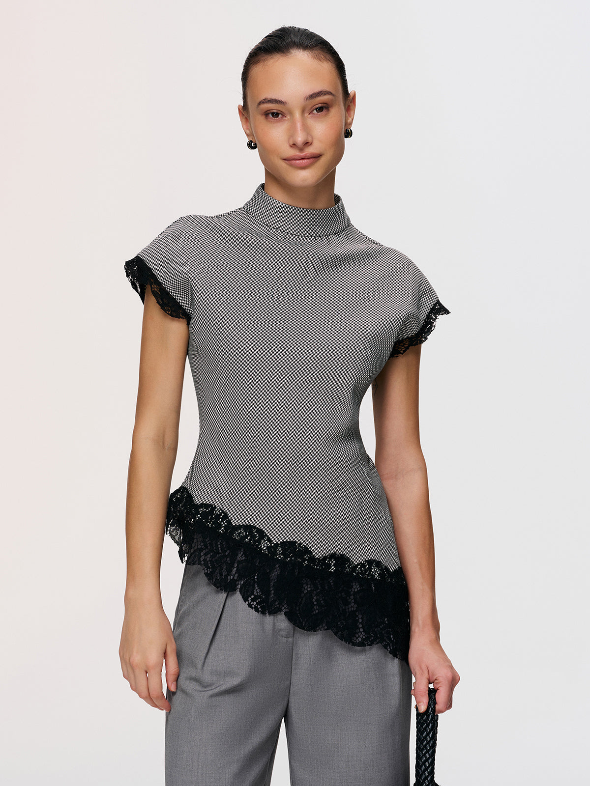 Lace Trim Houndstooth Mock Neck Top