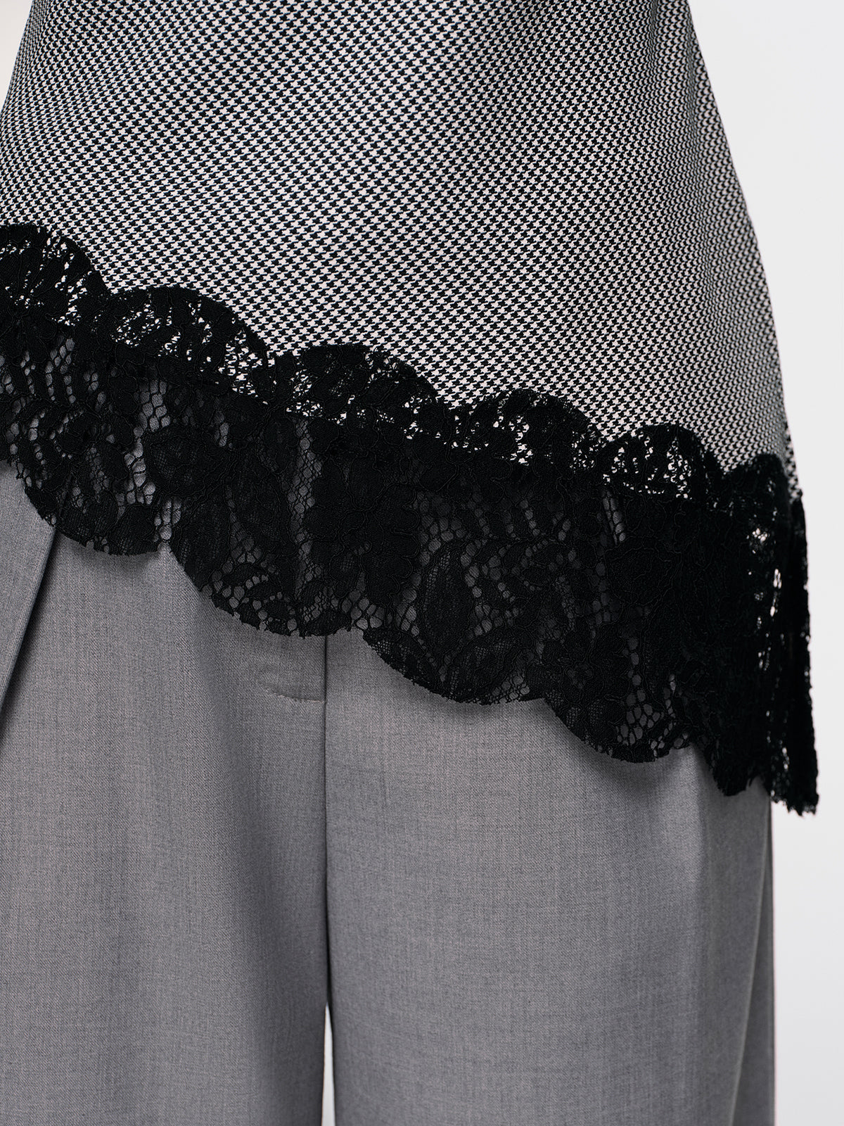 Lace Trim Houndstooth Mock Neck Top