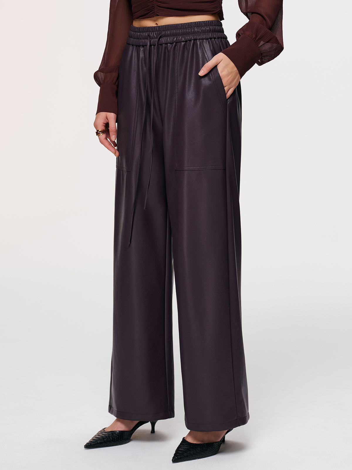 Elastic Waistband Faux Leather Pants