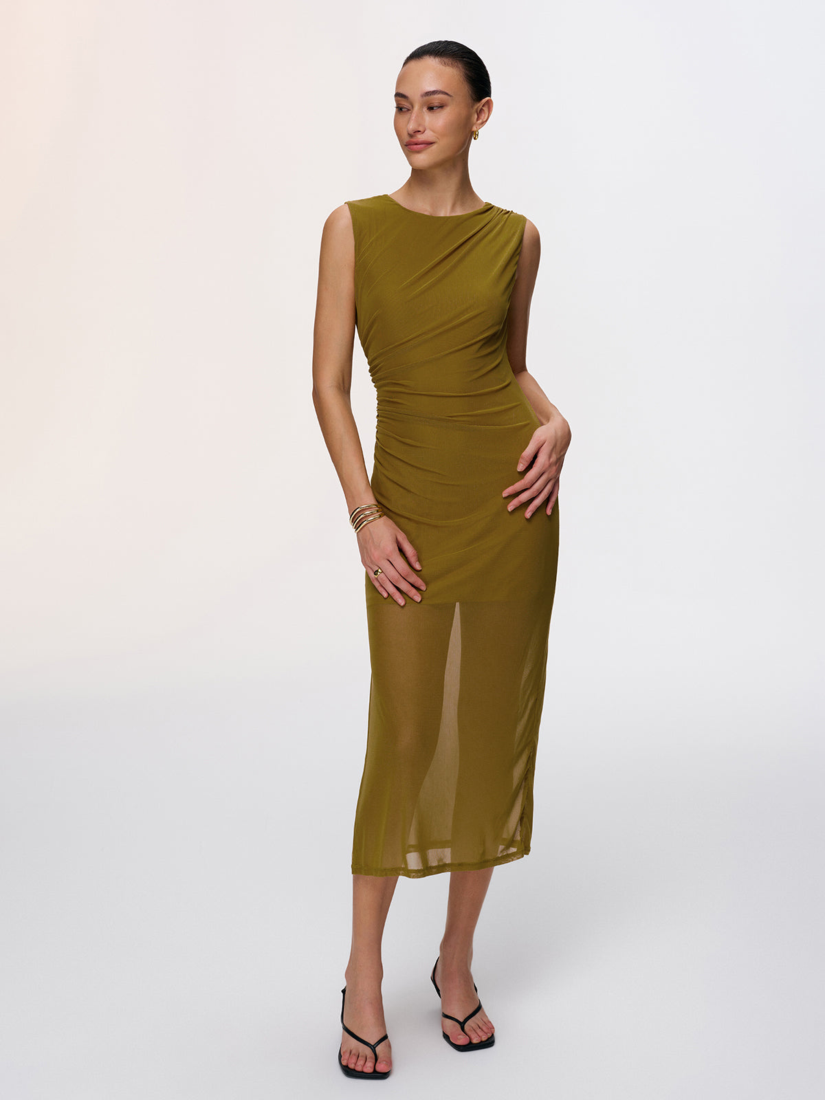 Semi-Sheer Ruched Sleeveless Midi Dress