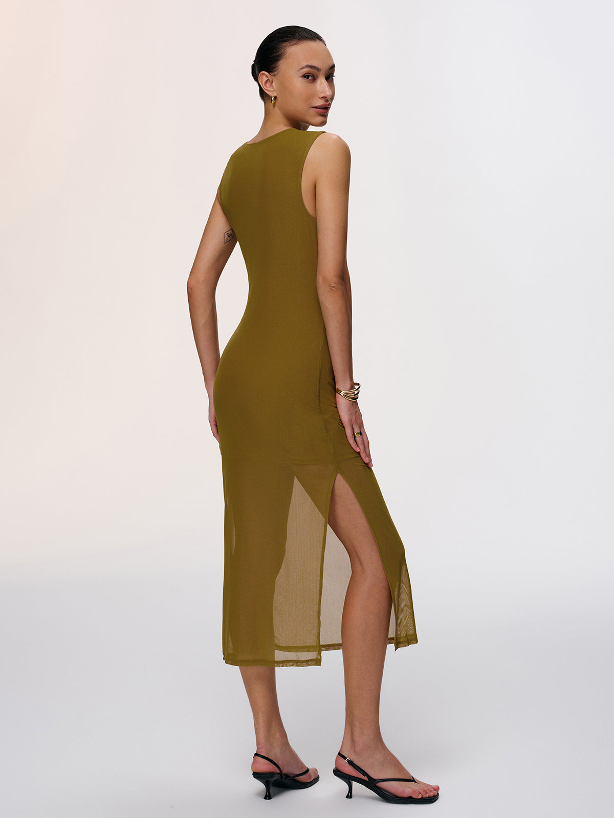 Semi-Sheer Ruched Sleeveless Midi Dress