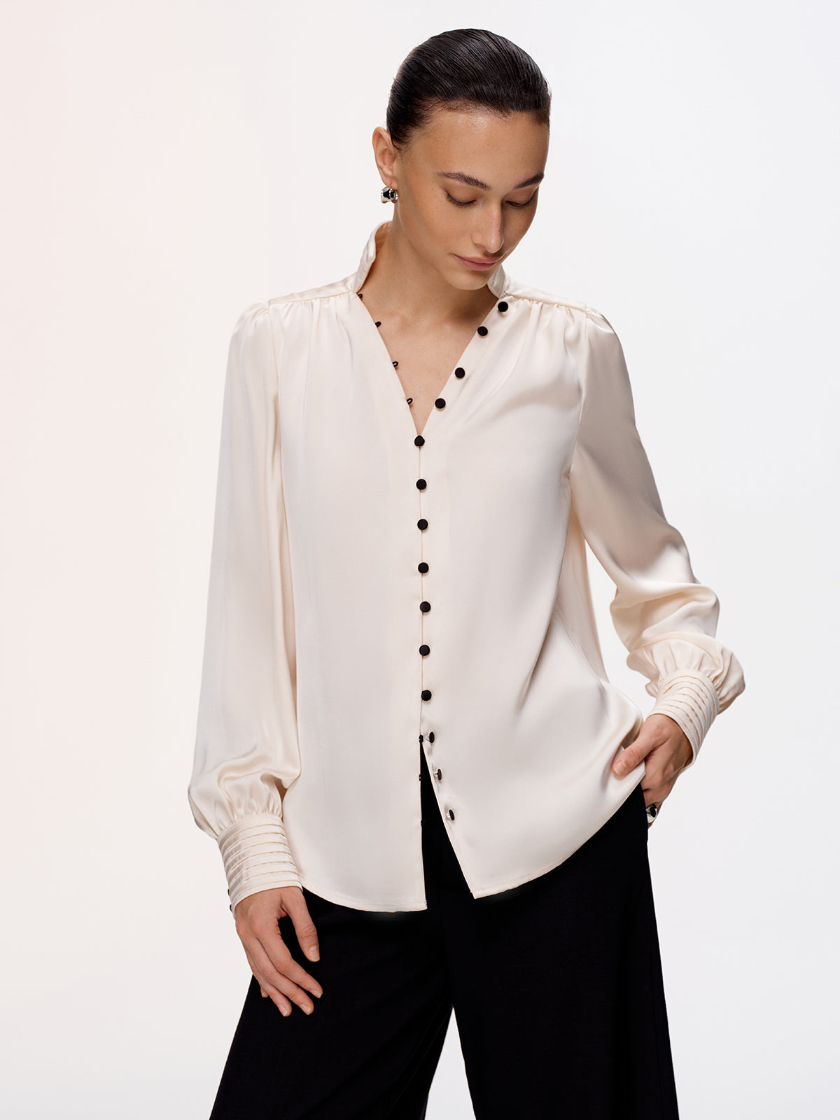 Contrast Button Satin Stand-Collar Blouse