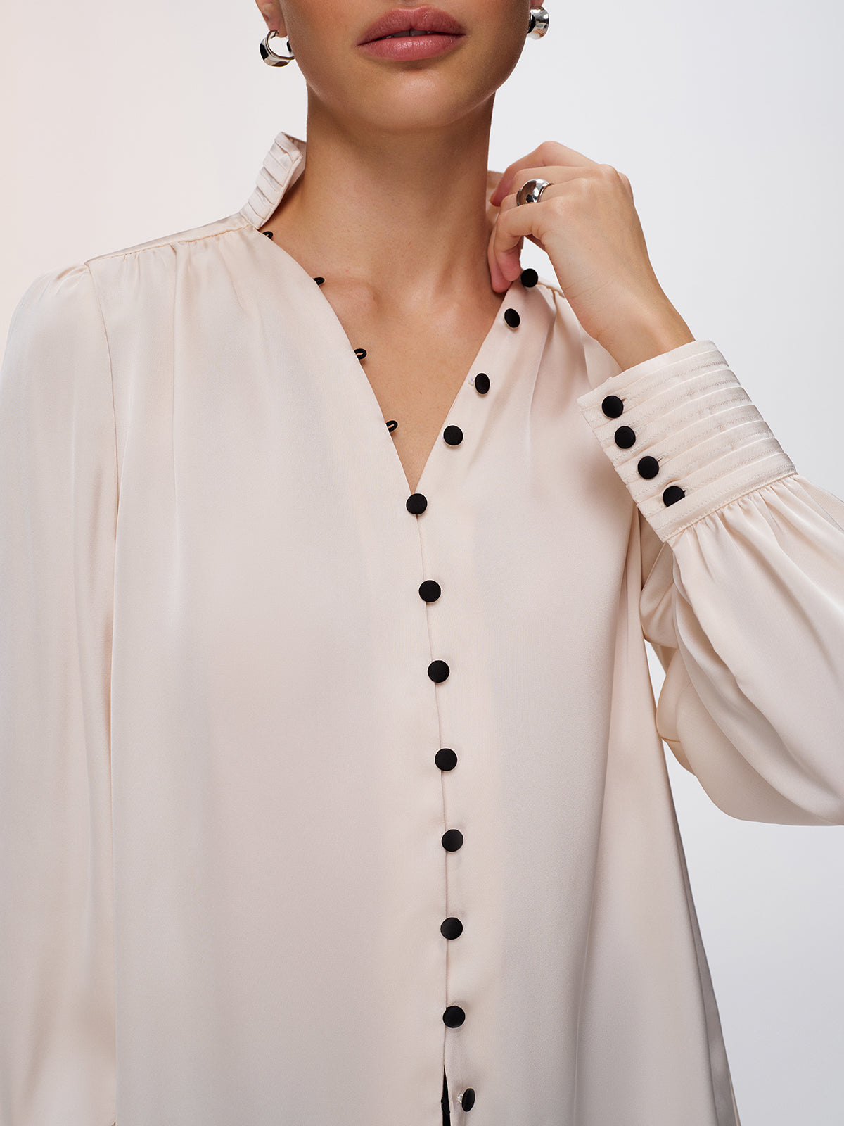 Contrast Button Satin Stand-Collar Blouse