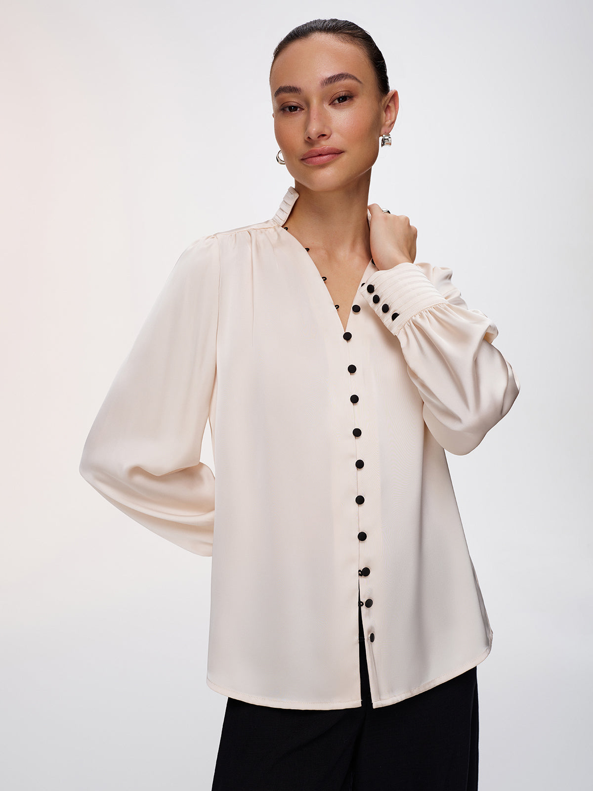 Contrast Button Satin Stand-Collar Blouse