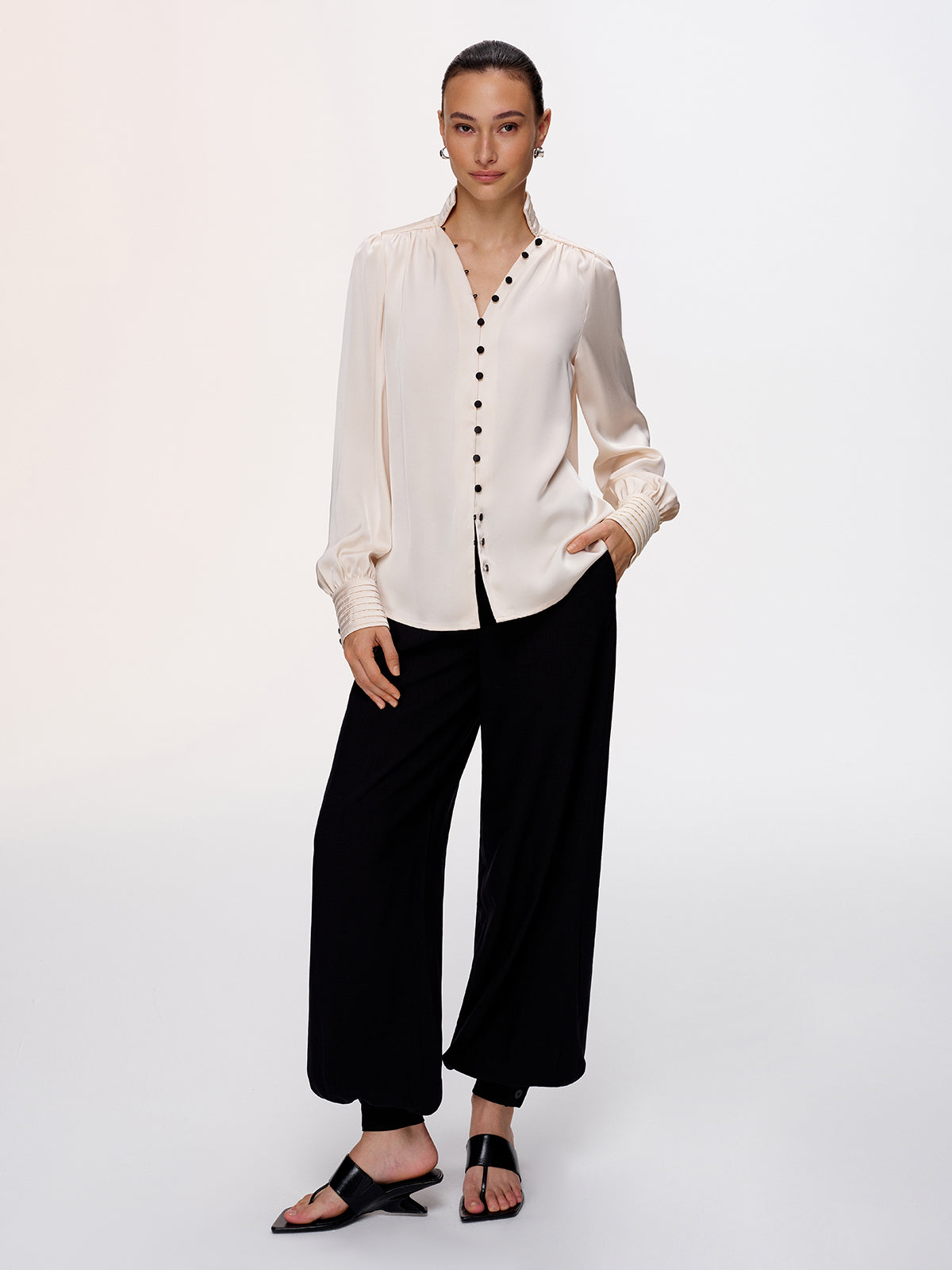 Contrast Button Satin Stand-Collar Blouse