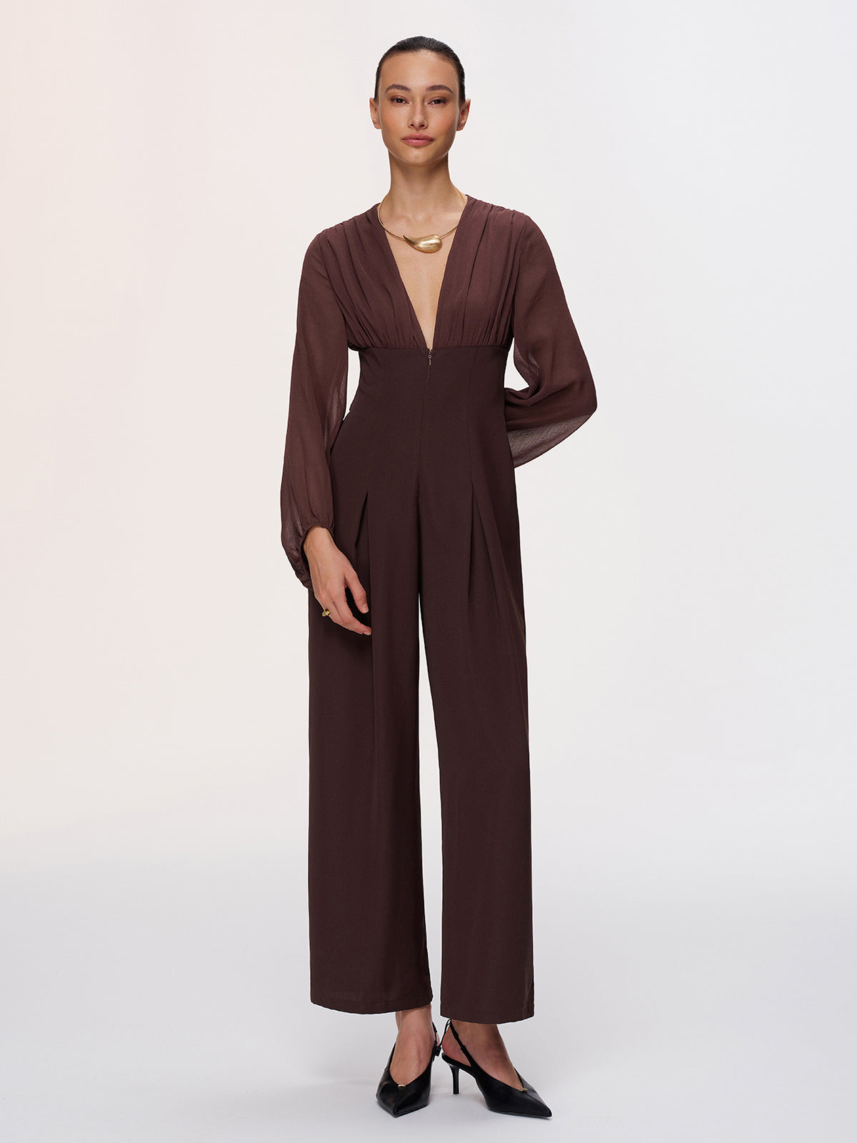 Deep V-Neck Chiffon Panel Pleated Jumpsuit