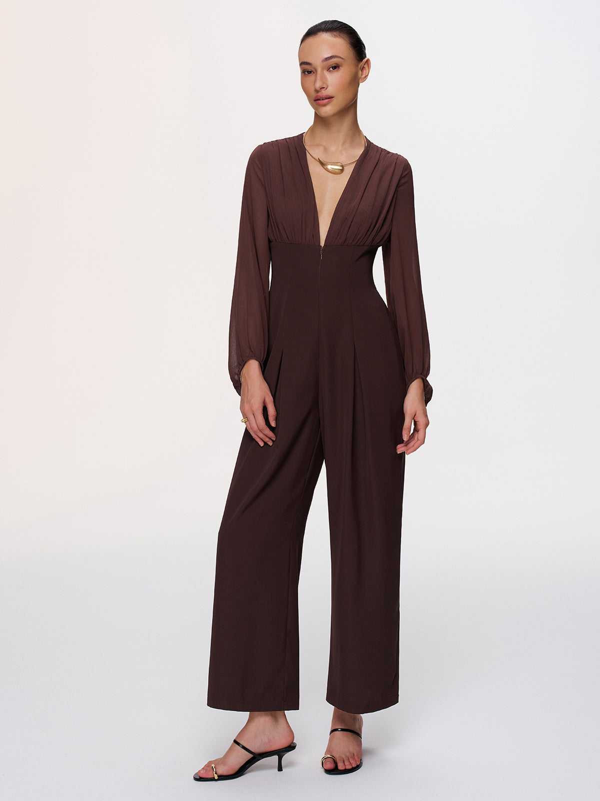 Deep V-Neck Chiffon Panel Pleated Jumpsuit
