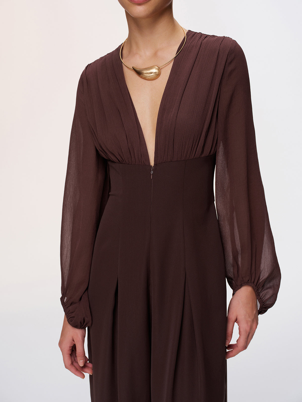 Deep V-Neck Chiffon Panel Pleated Jumpsuit