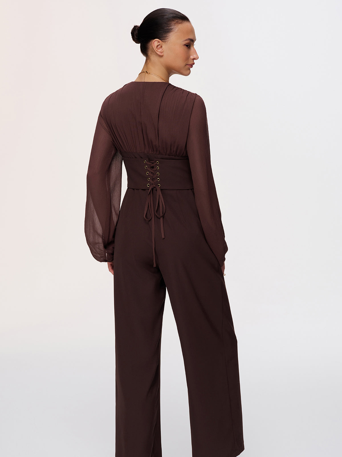 Deep V-Neck Chiffon Panel Pleated Jumpsuit