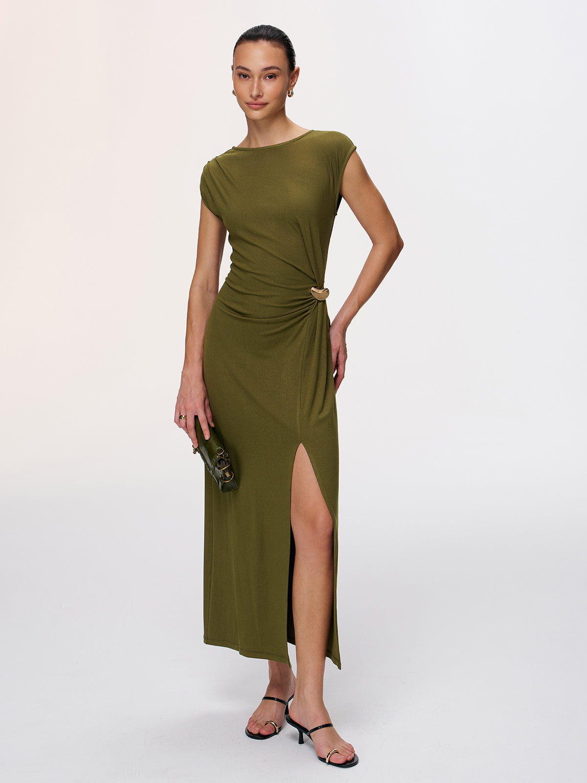 Metal Detail High-Slit Cap-Sleeve Dress