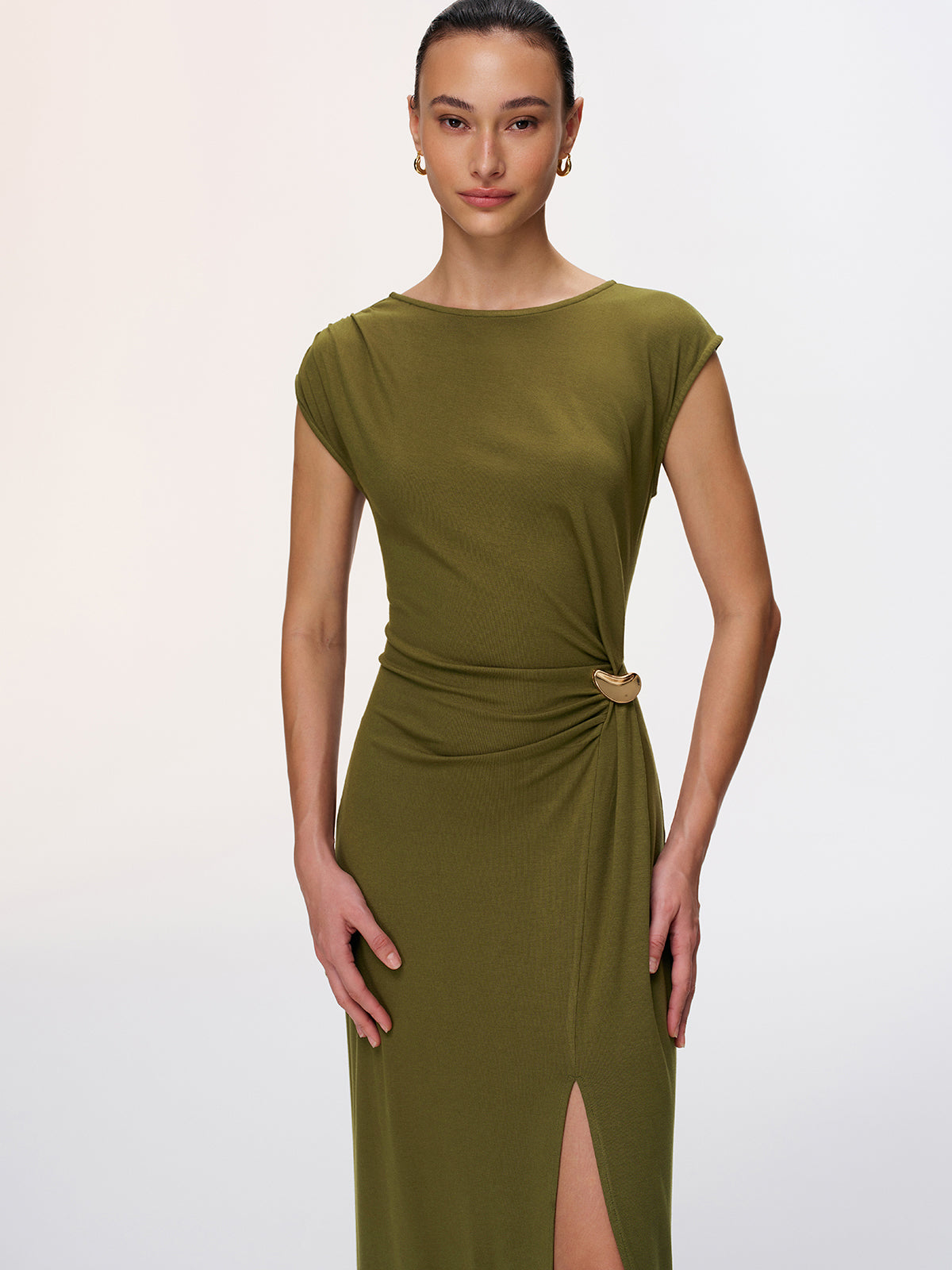 Metal Detail High-Slit Cap-Sleeve Dress