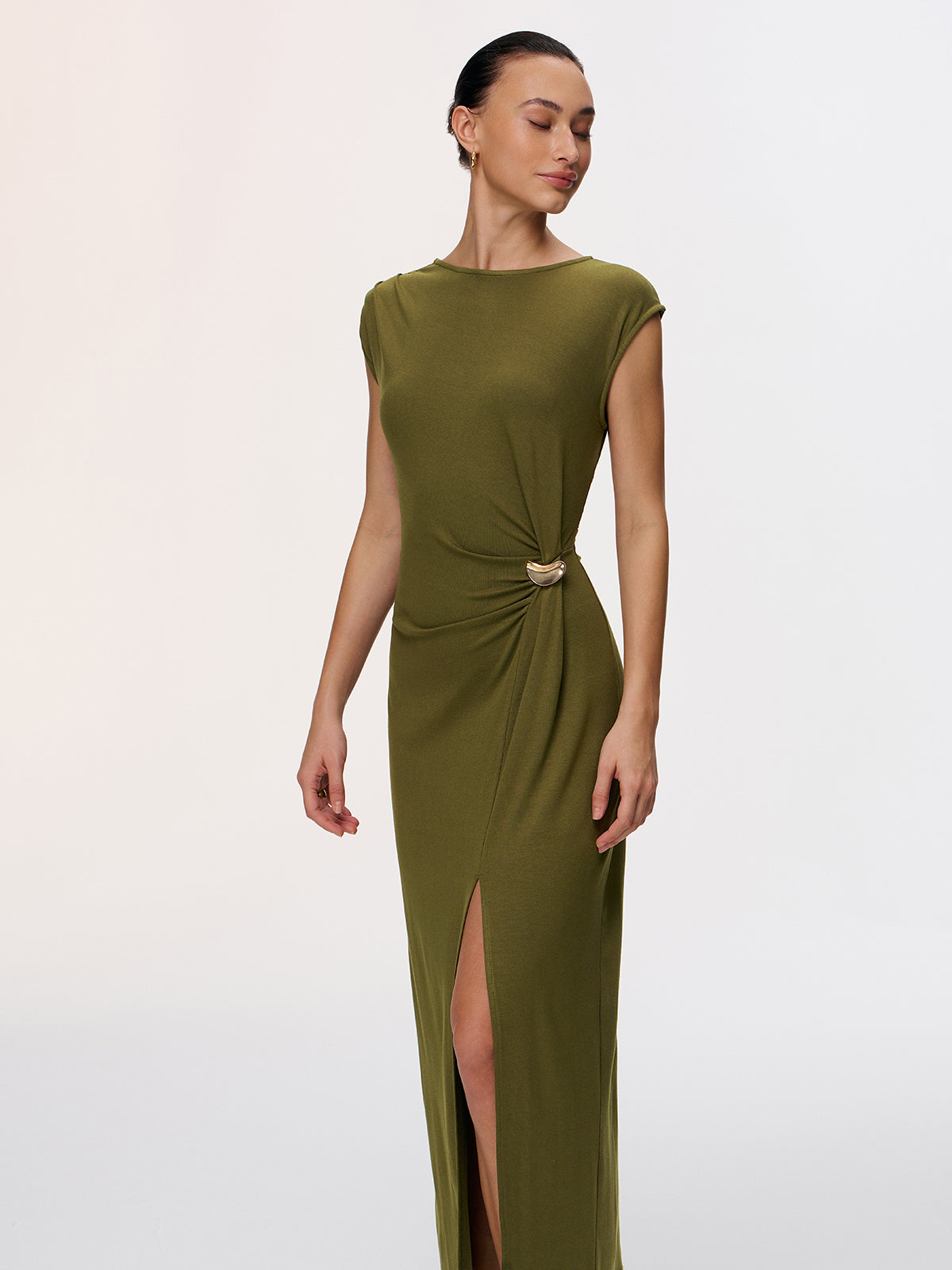 Metal Detail High-Slit Cap-Sleeve Dress