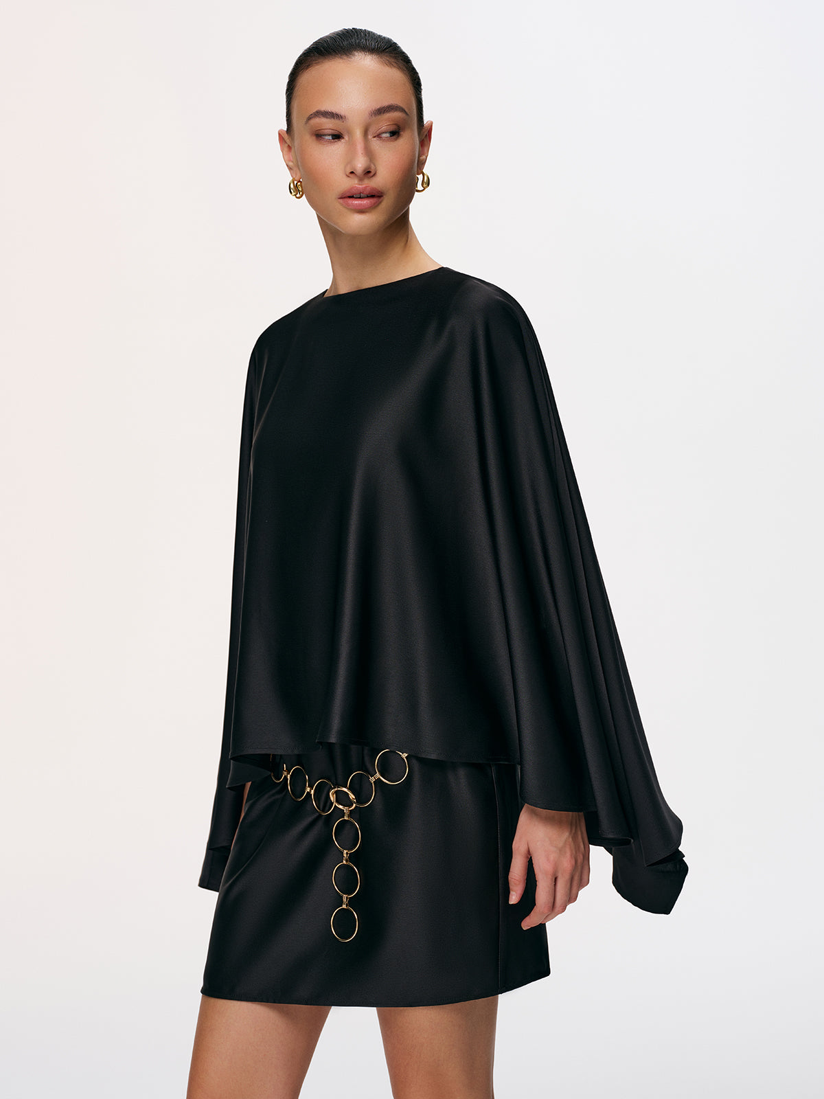 Satin Cape Sleeve Mini Dress with Chain Belt