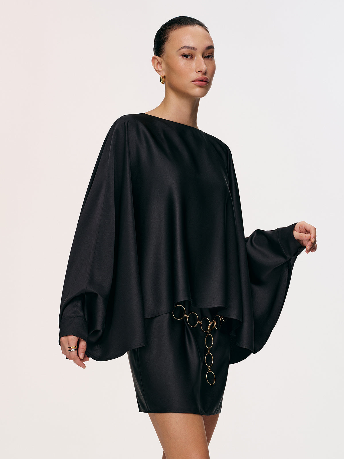 Satin Cape Sleeve Mini Dress with Chain Belt
