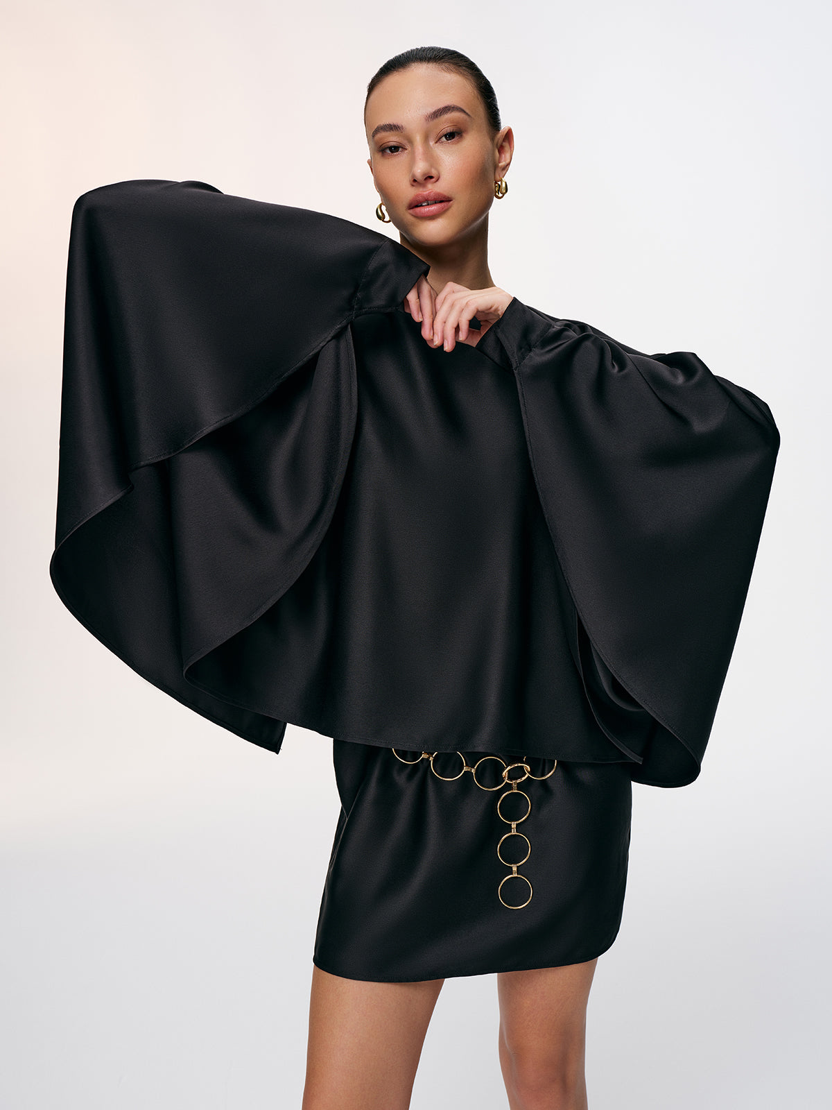 Satin Cape Sleeve Mini Dress with Chain Belt