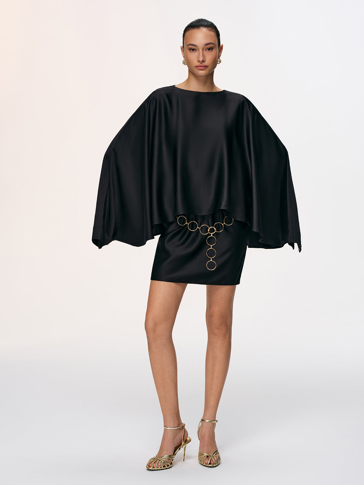 Satin Cape Sleeve Mini Dress with Chain Belt